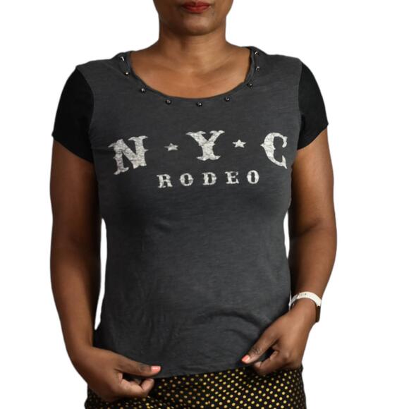Express NYC Rodeo Tee Gray Black Size Short Sleeve Western Studded Size Small - Picture 14 of 14